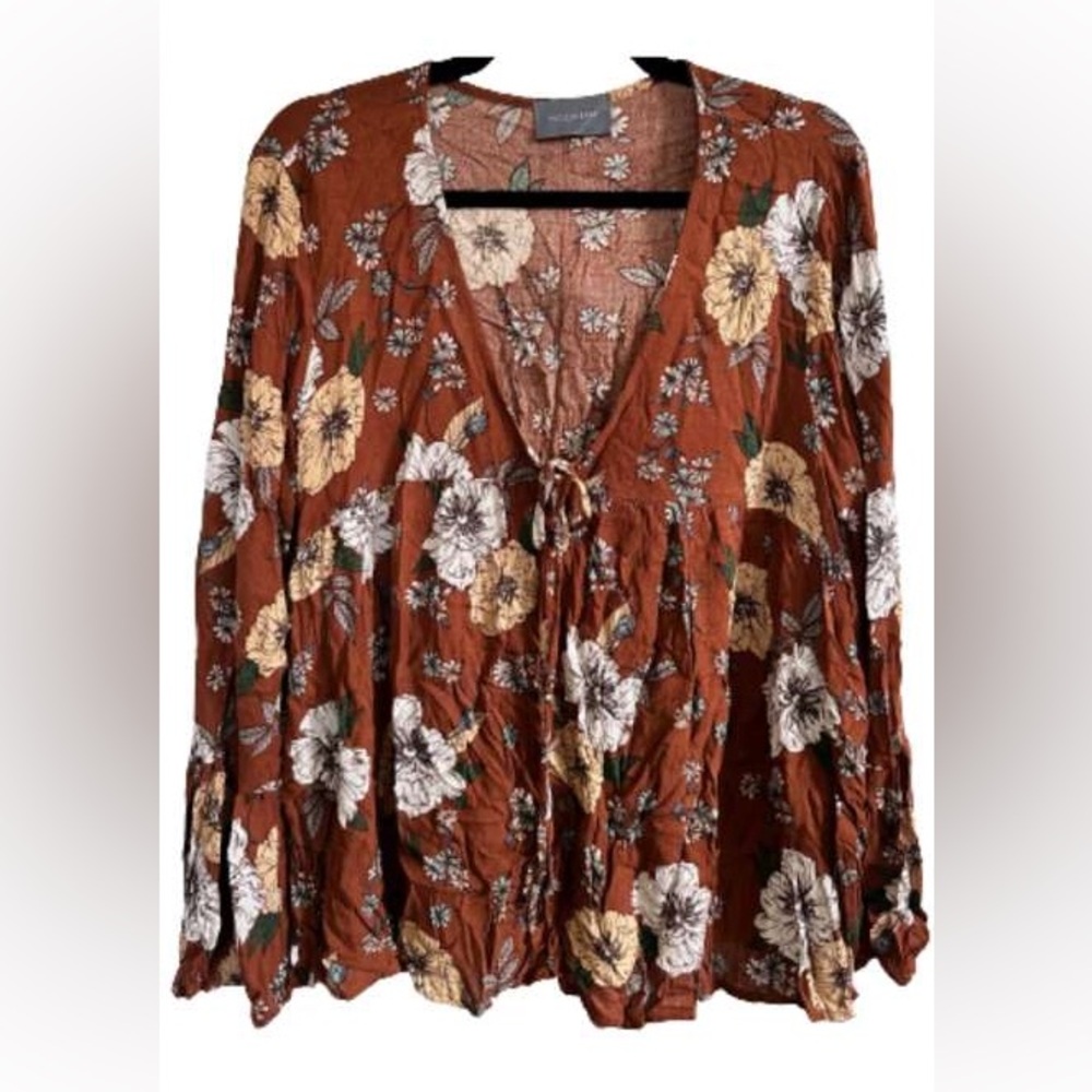 Hudson Gray Rust Floral Tie Front Boho Long Sleeve Blouse Fall
